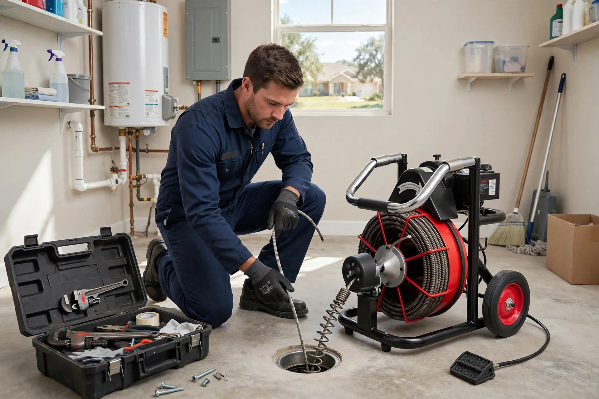 Plumber feeding a drain snake cable into a residential drain line in a Texas home