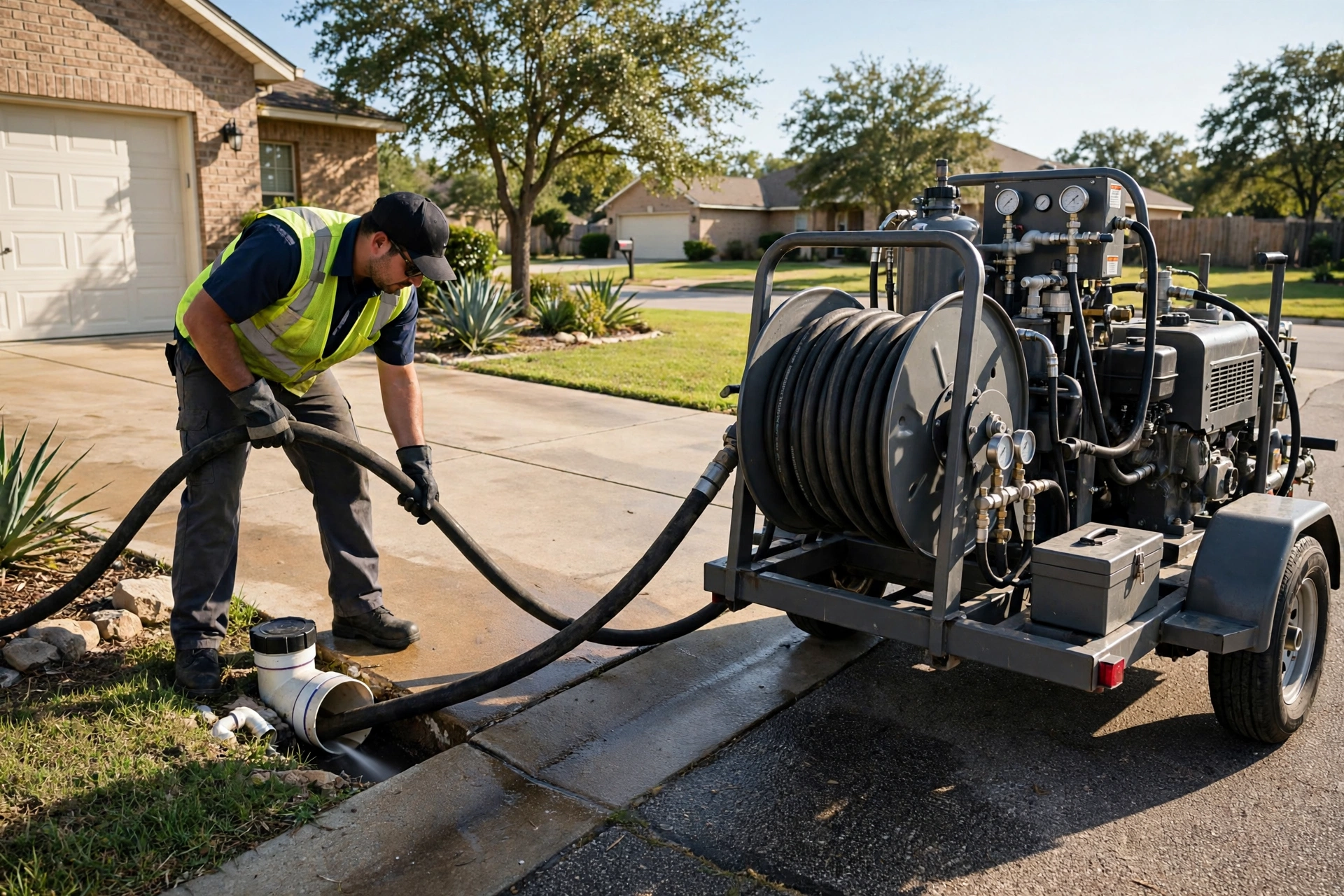 Technician operating a motorized drain auger machine on a main sewer line cleanout