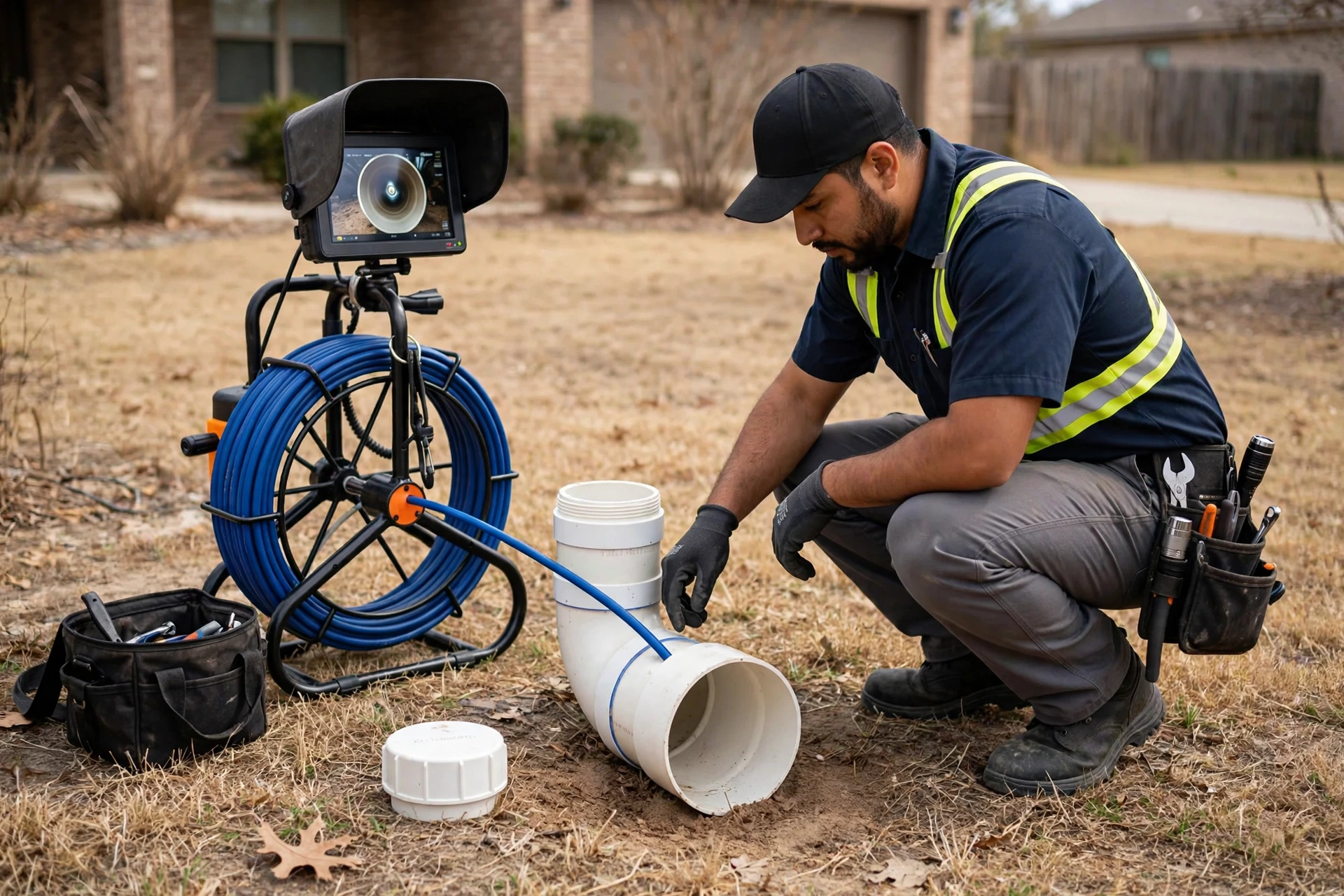 Sewer camera monitor showing the inside of a residential drain pipe during inspection