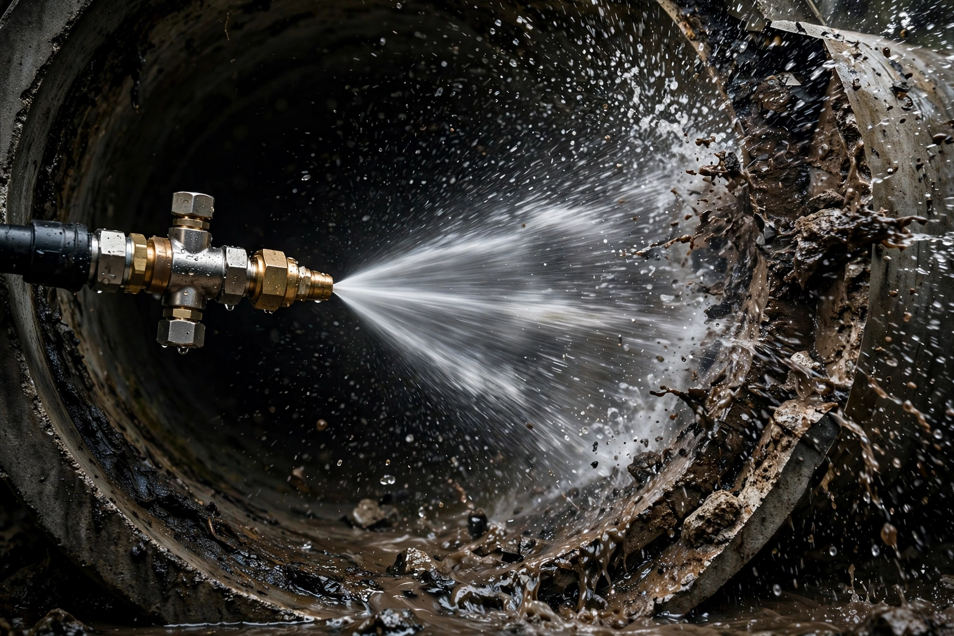 Hydro jetting nozzle spraying high-pressure water inside a drain pipe