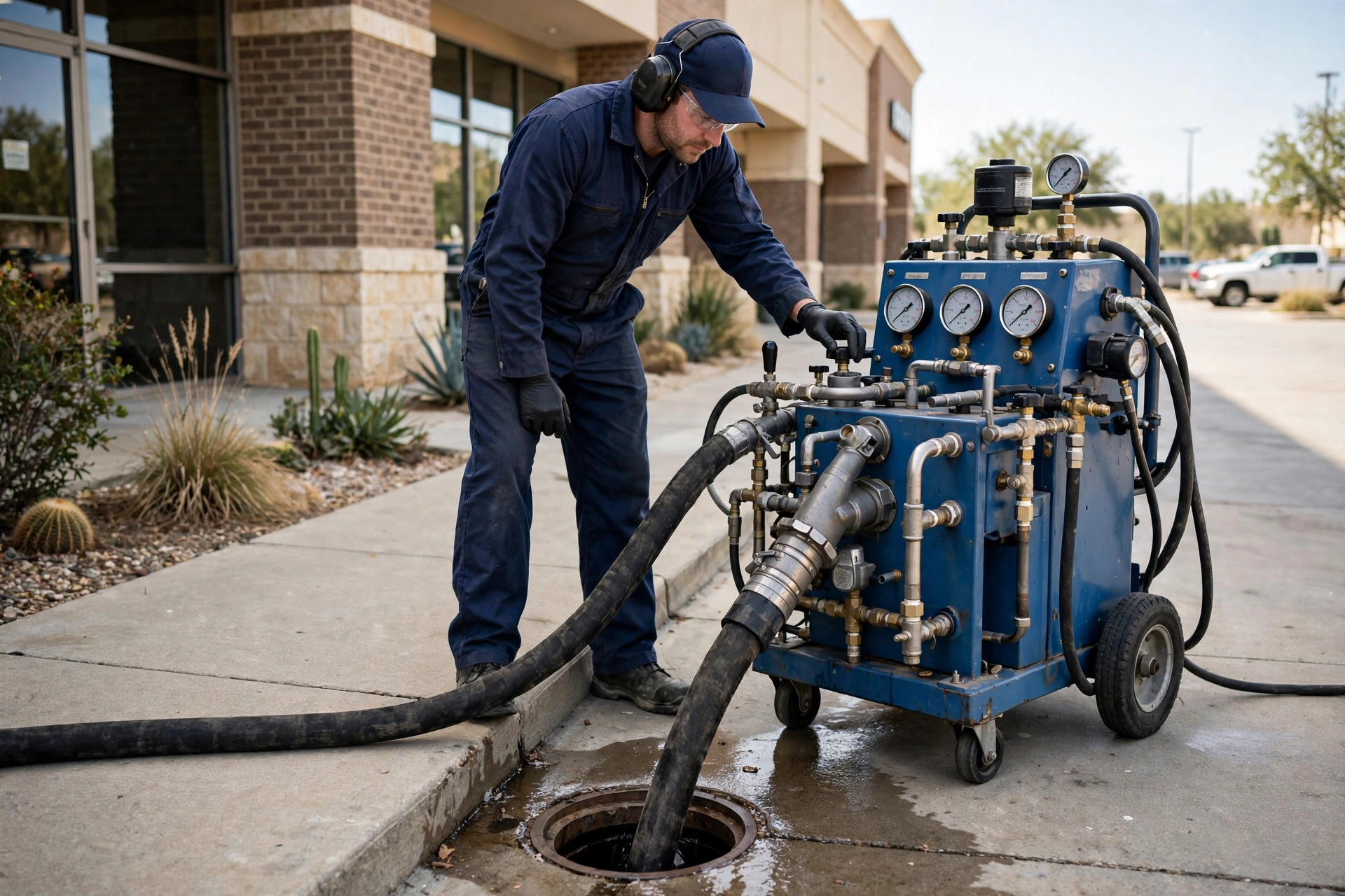 Plumber guiding a hydro jetting hose into an outdoor sewer cleanout